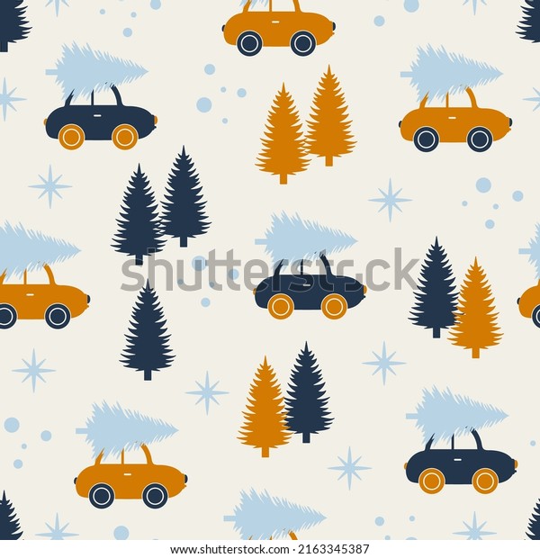 Christmas seamless pattern\
with cars and forest. Winter childish background. Christmas trees\
on a light background. Cute pattern for kids fabric, textile,\
wallpaper.