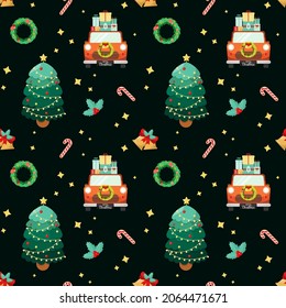 Christmas seamless pattern with cars and Christmas trees.
