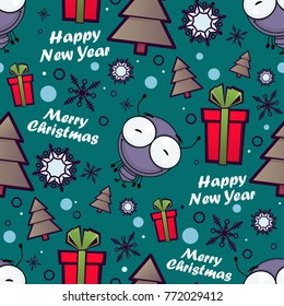 Christmas seamless pattern with cartoon ant. Vector illustration.
