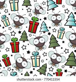 Christmas seamless pattern with cartoon bee. Vector illustration.