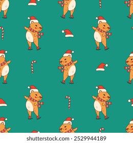 Christmas Seamless Pattern with Cartoon Capybara. Vintage Ice skate rodent with Santa Hat and Candy Cane. Funny Playful Whimsical animal background for Xmas. Vector illustration