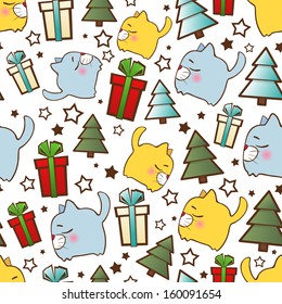 Christmas seamless pattern with cartoon cats. Vector illustration.