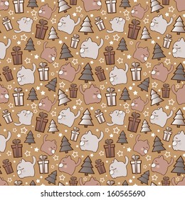 Christmas seamless pattern with cartoon cats. Vector illustration.