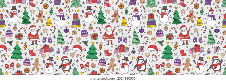Christmas seamless pattern with cartoon characters and decorations. Vector illustration