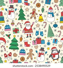 Christmas seamless pattern with cartoon characters and decorations. Vector illustration