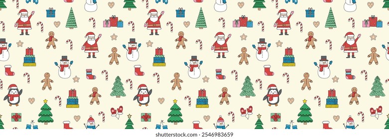 Christmas seamless pattern with cartoon characters and decorations. Vector illustration