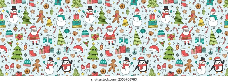 Christmas seamless pattern with cartoon characters and decorations. Vector illustration