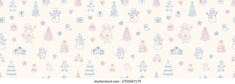 Christmas seamless pattern with cartoon characters and decorations. Vector illustration