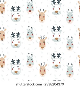 Christmas seamless pattern with cartoon deer face. Vector illustrations.