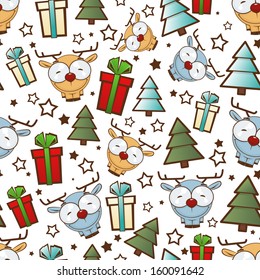 Christmas seamless pattern with cartoon deers. Vector illustration.