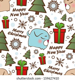 Christmas seamless pattern with cartoon doggy. Vector illustration.
