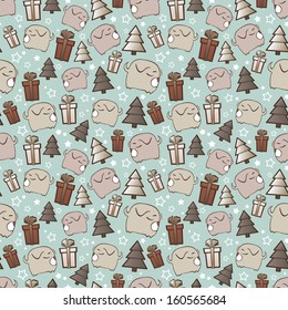 Christmas seamless pattern with cartoon doggy. Vector illustration.