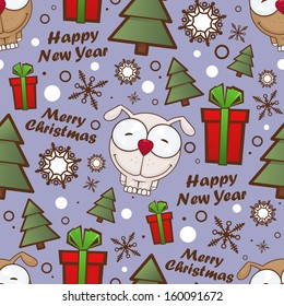 Christmas seamless pattern with cartoon dogs. Vector illustration.