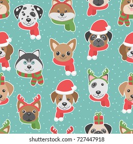 Christmas seamless pattern with cartoon dogs in hats and scarfs on blue. Vector background