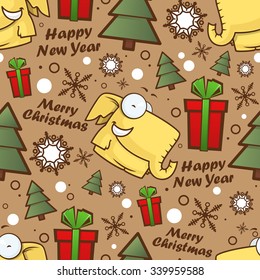 Christmas seamless pattern with cartoon elephants. Vector illustration.