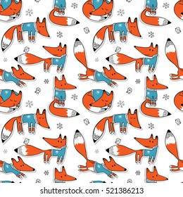 Christmas seamless pattern. Cartoon Foxes in a pullover in various poses with birds. Vector illustration.