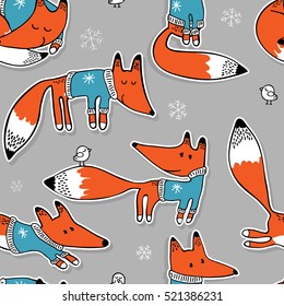 Christmas seamless pattern. Cartoon Foxes in a pullover in various poses with birds on a gray background. Vector illustration.