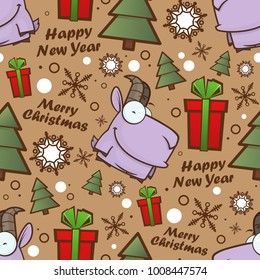 Christmas seamless pattern with cartoon goats. Vector illustration.