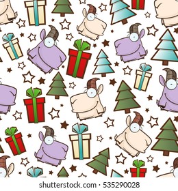 Christmas seamless pattern with cartoon goats. Vector illustration