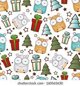 Christmas seamless pattern with cartoon hamster. Vector illustration.