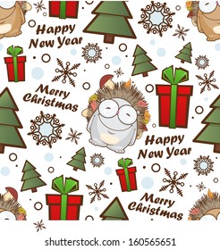 Christmas seamless pattern with cartoon hedgehog. Vector illustration.
