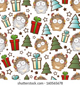 Christmas seamless pattern with cartoon hedgehog. Vector illustration.