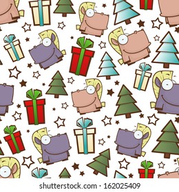 Christmas seamless pattern with cartoon horse. Vector illustration.