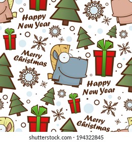 Christmas seamless pattern with cartoon horse. Vector illustration.