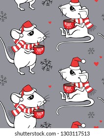 Christmas seamless pattern. Cartoon Little white Mouse in a striped scarf, in a Santa's cap, and with red cup of coffee. Textile and paper composition, hand drawn style print. Vector illustration.