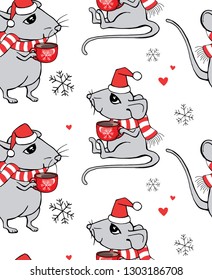 Christmas seamless pattern. Cartoon Little gray Mouse in a striped scarf, in a Santa's cap, and with red cup of coffee. Textile and paper composition, hand drawn style print. Vector illustration.