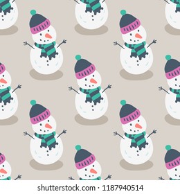 Christmas seamless pattern with cartoon New Year characters. Snowman pattern. Collection of xmas elements for greeting card design. Winter holiday objects in retro style. Vector