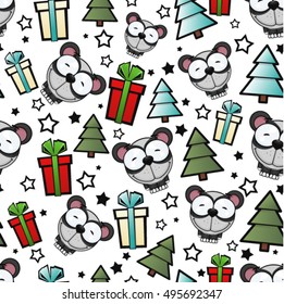 Christmas seamless pattern with cartoon pandas. Vector illustration.