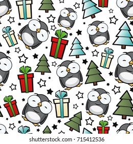 Christmas seamless pattern with cartoon penguins. Vector illustration.