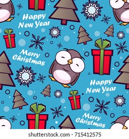 Christmas seamless pattern with cartoon penguins. Vector illustration.