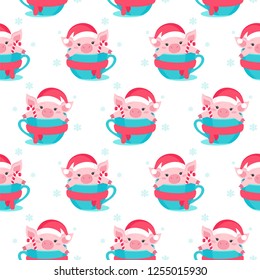 Christmas seamless pattern with cartoon piggy. Vector