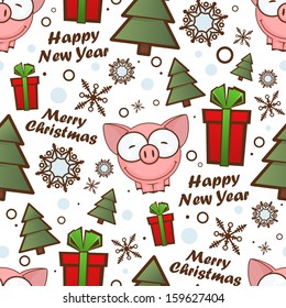 Christmas seamless pattern with cartoon piggy. Vector illustration.