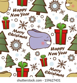 Christmas seamless pattern with cartoon rabbit. Vector illustration.
