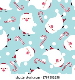 Christmas seamless pattern. Cartoon Santa Claus with Christmas candy on a blue background with falling snow in a repeating pattern. Suitable for printing wrapping paper or textiles.