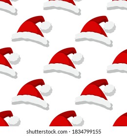 Christmas Seamless pattern with cartoon Santa Claus red hat. Vector holiday background with decor. Happy new year