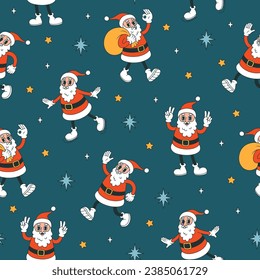 Christmas seamless pattern with cartoon Santa Claus. Groovy funky vector illustration in retro style.