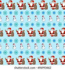 Christmas seamless pattern with cartoon Santa, snowmen and snowflakes on blue background