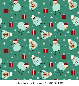 Christmas seamless pattern with cartoon sheep on green background. Cute animals with presents and snowflakes. Flat vector illustration.