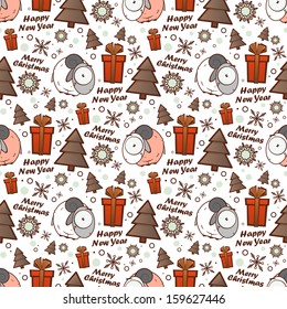 Christmas seamless pattern with cartoon sheep. Vector illustration.