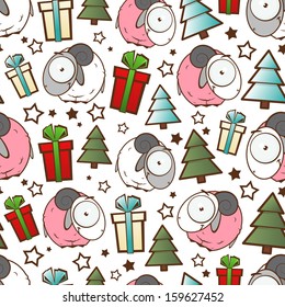 Christmas seamless pattern with cartoon sheep. Vector illustration.