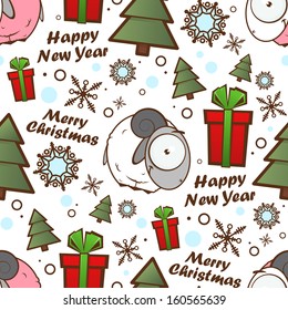 Christmas seamless pattern with cartoon sheep. Vector illustration.