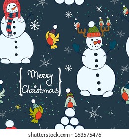 Christmas seamless pattern with cartoon snowman and birds.