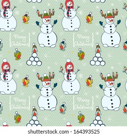 Christmas seamless pattern with cartoon snowman and birds on polka dot background.