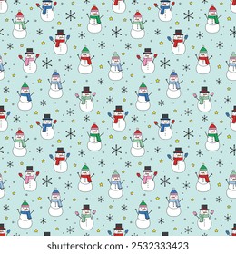 Christmas seamless pattern with cartoon snowman and snowflakes. Vector illustration