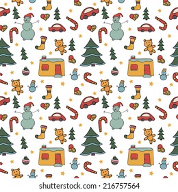 Christmas seamless pattern cartoon snowmen, colored toys on a white background. Vector repeating texture.