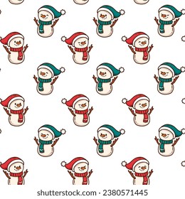 christmas seamless pattern with cartoon snowmen. Cute snowman. Print for fabric, wrapping paper or wallpaper. New Year celebration. Christmas template. Vector 